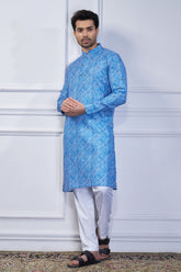 Sky Blue Cotton Linen Printed Kurta Pajama